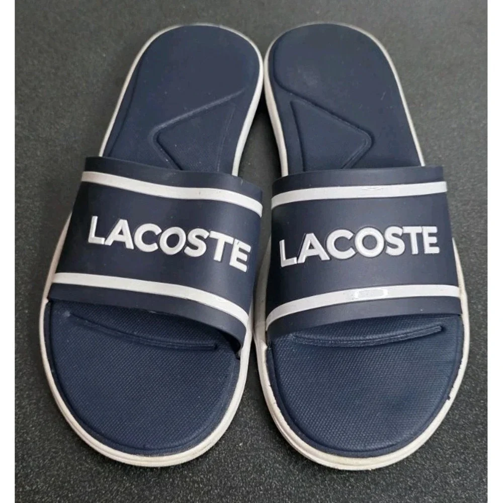 Lacoste Slides Sandals Slip On Navy Blue Woman 7 Beach Coastal Nautical‎ EUC